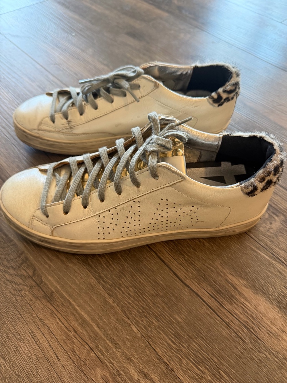 P448 John Pearl Bubble White Leather Low-Top Sneakers with Leopard Trim